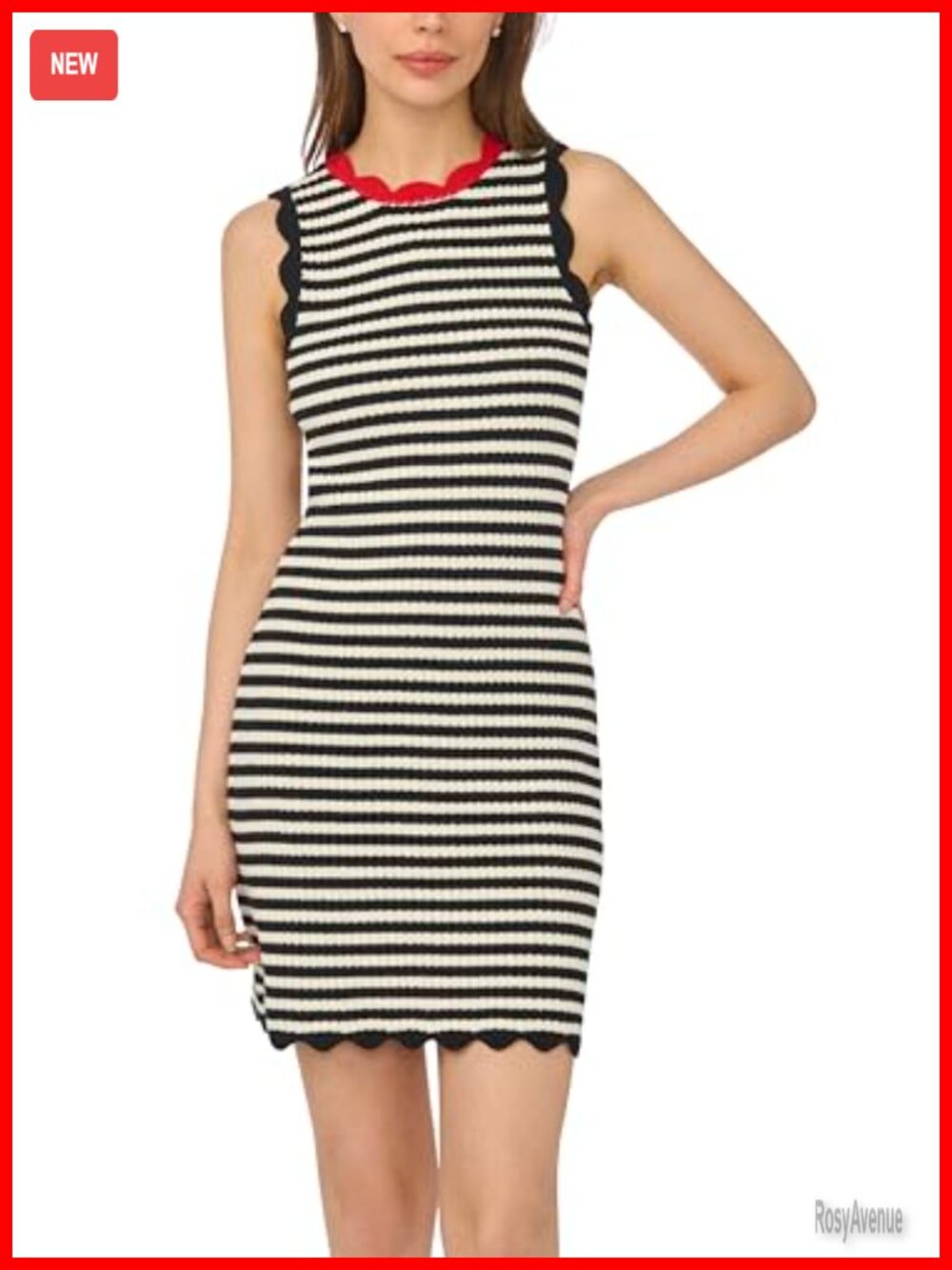 Sleeveless Striped Sweater Dress Scallop Edge Knit Casual